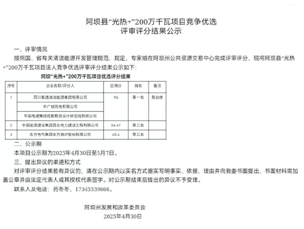四川阿坝2GW光伏+光热优选：中广核、中国电建、蜀道清洁能源集团等入围